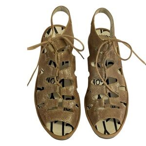 FLY LONDON- 813PORT  BRONZE LEATHER WEDGE SANDAL SZ 6.5 EUC